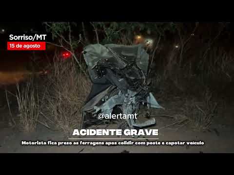 Motorista fica preso às ferragens após colidir com poste e capotar caminhonete na MT-242 em Sorriso