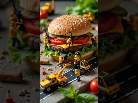 Travaux de voirie dans la zone… du cheeseburger ! 🍔Les tiny workers creusent à travers la viande