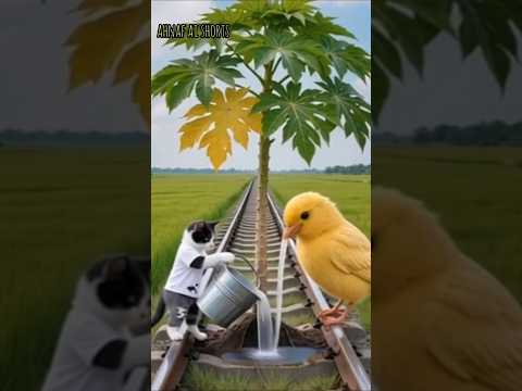 The kitten and the bird together planted a papaya seedling on the railway track.#shorts