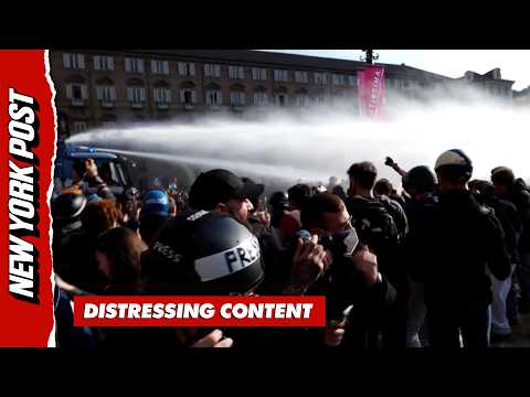 Italian Riot Police Unleash Water Cannons in Violent Protest Clashes