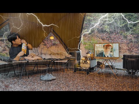 Solo Camping in Heavy rain with My Dog . Thunder & Lightening . Cozy Relaxing in the Tent ASMR