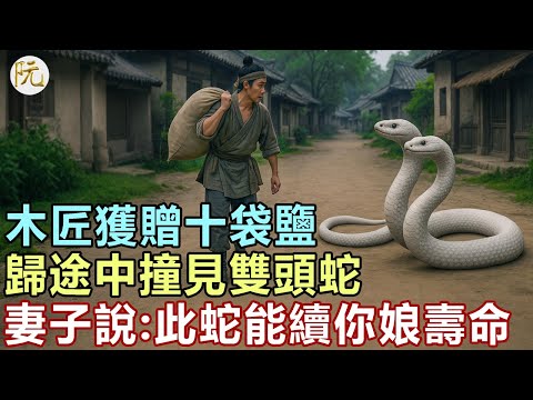 民間故事:木匠獲贈十袋鹽,歸途中撞見雙頭蛇,妻子說:此蛇能續你娘壽命