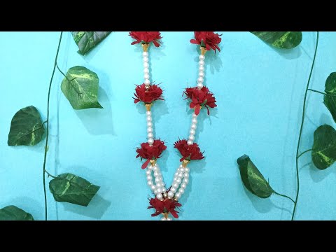 मोती और लाल फूलों की सुंदर माला | पूजा, विवाह और सजावट के लिए हस्तनिर्मित माला🌹🌹