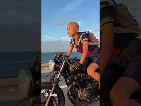 バイク通学する坊主女子高校生 #生成ai #buzzcut