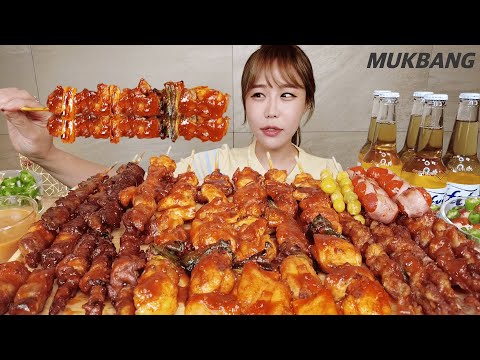 SUB) 각종 매운꼬치🔥 꼬치에 맥주가 빠질수 없지 ( Ft. 5맥주) 닭꼬치 닭발꼬치 염통꼬치 먹방 spicy skewers Beer REAL SOUND ASMR MUKBANG