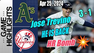 Yankees vs Oakland Athletics [Highlights] April 25, 2024 | Jose Trevino with an ABSOLUTE BOMB