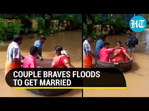Couple floats to wedding venue in cooking vessel in Kerala, viral video Couple floats to wedding venue in cooking vessel in Kerala, viral video