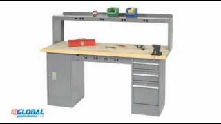 60" W x 30" D Pedestal Workbench with  Drawers & Cabinet, Maple Butcher Block Square Edge - Gray
