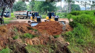 Epic 2 Amazing Activities Use Big Bulldozer 2 & Many  Dump Truck Unloading Stone Back Fill Big Pond