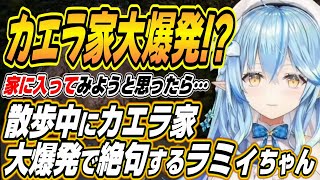 【ホロライブ切り抜き/雪花ラミィ】散歩中にカエラ家の罠にかかり爆発を起こし絶句するラミィちゃんと様子を見に来るカエラとみこち【さくらみこ/カ