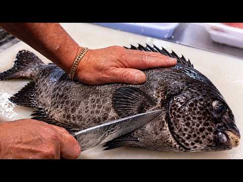 Japanese Street Food - SPOTTED KNIFEJAW FISH Sashimi Okinawa Seafood Japan