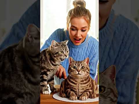 🤣 Real Cat Stops Her from Cutting the Cat Cake! 😹 OMG So Funny! #catcake #funnycat #catreaction #bab