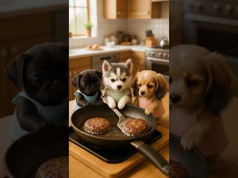 A cute puppy frying a hamburger patty #cutedog #dogcooking #funnyanimals #shorts