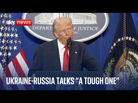 President Trump delivers a speech at the Department of Justice, amid Ukraine peace negotiations