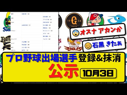 【公示】プロ野球 出場選手登録＆抹消 公示10月3日発表｜広島床田アドゥワ 横浜石田 ヤク石川高橋サイスニオスナ青木ら抹消|阪神石黒 ヤク山崎 ロッテ大谷寺地 楽天入江ら登録【最新・まとめ・反応集】