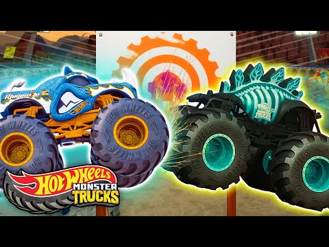 Rhinomite and Motorsaurus Enter the Tiger Shark Spin Out Challenge! 💥 | Hot Wheels Monster Trucks