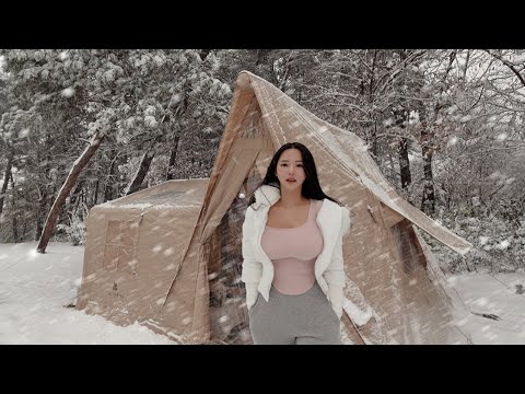 ❄️Camping in Heavy Snow Storm with Inflatable Tent⚡️ Snow & Thunder ASMR