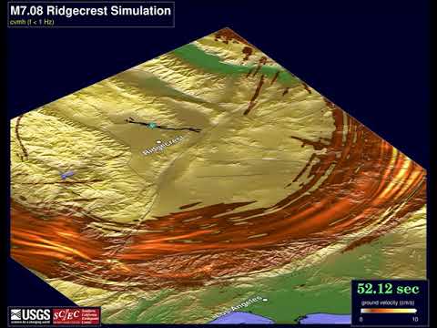 The animation depicts a computer simulation of the 2019 M7.1 Ridgecrest, CA earthquake, which is based on a mathematical model of the earthquake faulting process and 3D wave propagation phenomena. To download: https://drive.google.com/file/d/1RXVgtGBjQDf1h87bC0e0H2D2GYRDdbv-/view.
