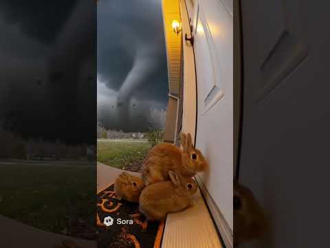 Mother rabbit scratches the door to save her babies from a giant tornado 🐇💨🌪️