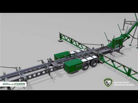 Drillform's Bulldog ST820 Service/Workover Rig Catwalk offers the most functionality and performs the most comprehensive pipe handling tasks. The ST820 is designed with hydraulic kickers, indexers and skate that dramatically increase safety and productivity in pipe handling. Available in both skid and towable versions. Drillform's Bulldog ST820 Service/Workover Rig Catwalk offers the most functionality and performs the most comprehensive pipe handling tasks. The ST820 is designed with hydraulic kickers, indexers and skate that dramatically increase safety and productivity in pipe handling. Available in both skid and towable versions.