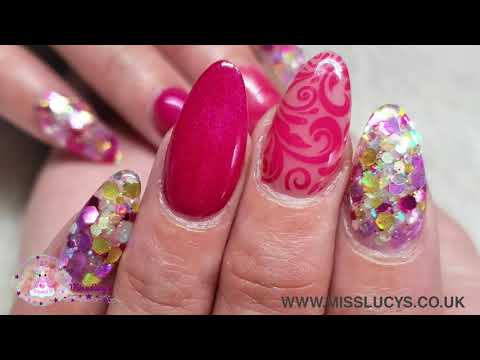 Hot Pink Acrylic Nail Design with Glitter and Moyou Stamping