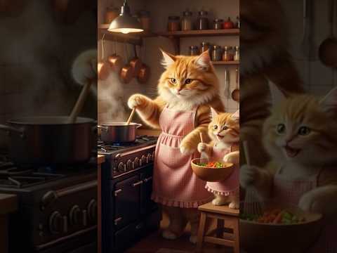 Cute Mama Cat and Her Baby Cooking Together 🍳🐱 | Heartwarming Kitchen Moments