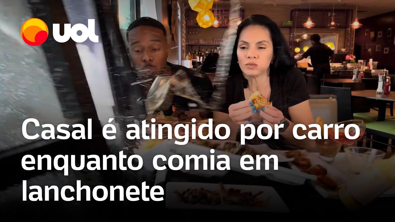 Casal é atingido por carro enquanto comia em lanchonete nos EUA; vídeo flagra o momento do acidente