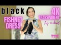 4K TRANSPARENT Black Fishnet Mesh Dresses TRY ON with MIRROR view  Natural Petite Body
