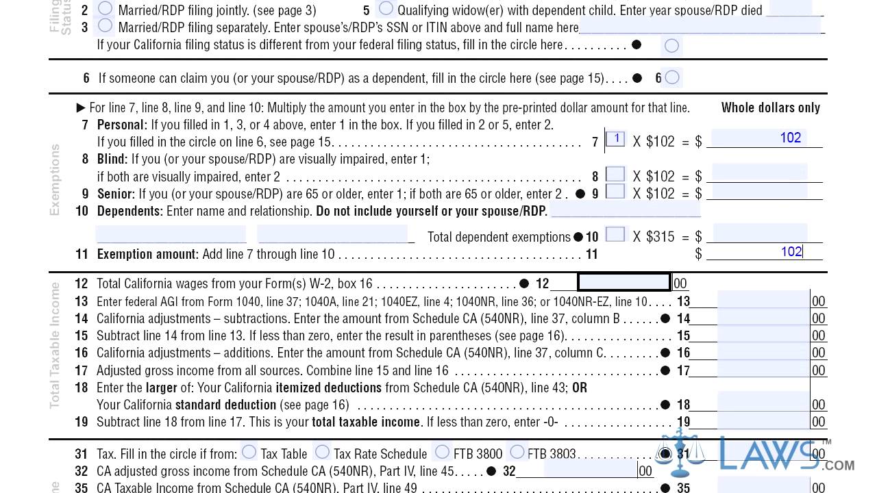 From 540NR California Nonresident Or Part Year Resident Income Tax ...