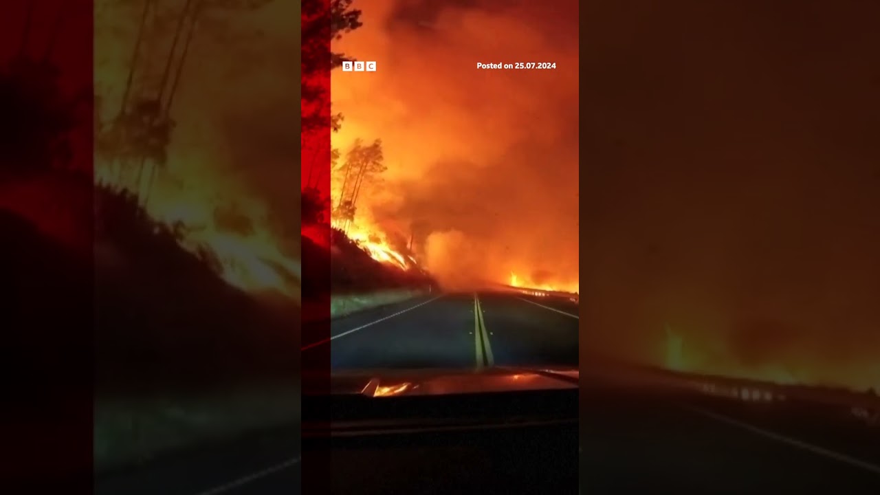 Vehicle drives through intense wildfire in California. #Chico #Wildfire #BBCNews