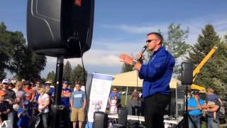 Boise State football coach Bryan Harsin addresses the crowd in Ammon.