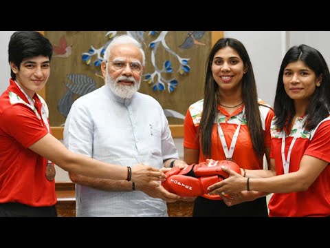 PM Modi meets gold medalist Nikhat from Telangana & other women boxers 