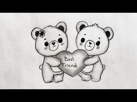 Best friends dravwing - BFF drawing for beginners step by step / Cute Teddy bear drawing