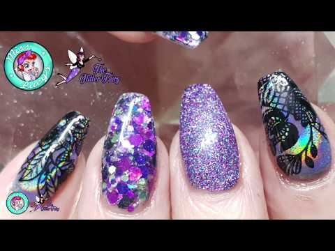 Acrylic Nails - Redesign - Stamping - Glitter Embedding - Holographic Pigment