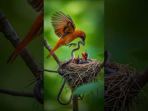 붉은어깨어치 어미새, 동양쥐뱀의 위협으로부터 새끼들을 지켜내다. #motherhood #wildlife #birds