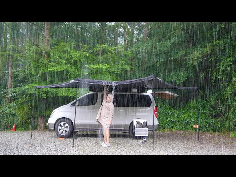 ☔️오락가락하는 폭우 속 움직이는 2평짜리 작은 집에서 아늑한 차박캠핑 / 슬라이스 감자전에 맥주 , 냉채족발에 피크닉소주
