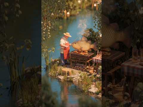 एक बड़ी बार्बेक्यू 🫕 मछली 🍤।  A man caught a giant fish. #shorts #barbecue #fishing #cartoon #ponds