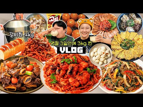 명절 3일만에 3kg 찐🐷 먹방 브이로그 | 소갈비찜 매운아구찜 잡채 <strong>오징어초무침</strong> 육전 편육 파리바게트 빵 헛제사밥 탕국 고로케 크림빵 송편 실비파김치 Mukbang VLOG
