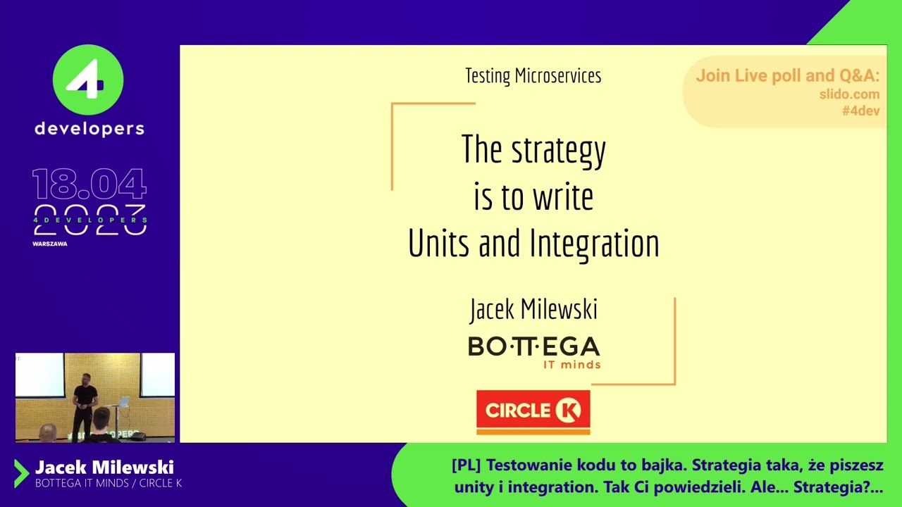 Jacek Milewski: Testowanie kodu to bajka. Strategia taka, iż piszesz unity i integration.
