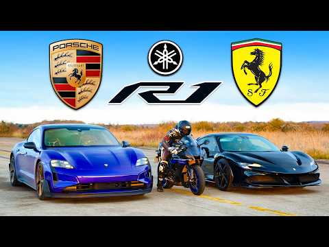 Ultimate Drag Race: Porsche Taycan Turbo GT vs Yamaha R1M vs Ferrari SF90