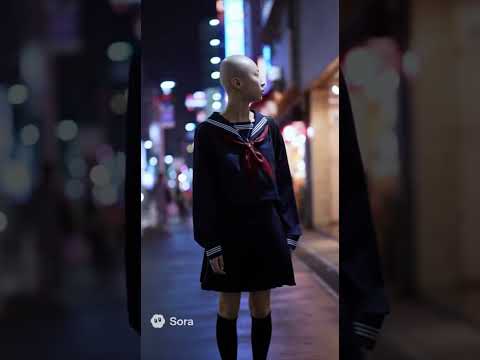 夜の繁華街を1人で歩く坊主女子中学生。 #ai #坊主女子