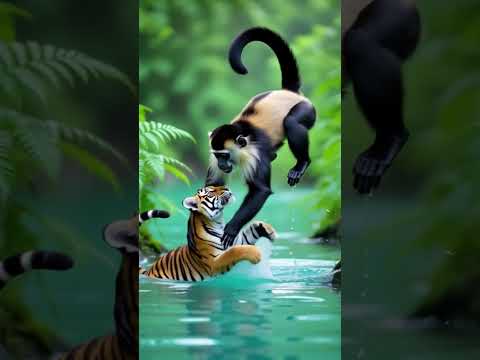 Lion cub playing with monkey in water 💦 #shorts #shortsfeed #shortvideo #monkey #lion