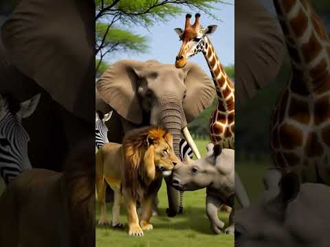 Elephant Zebra Giraffe Lion Rhinoceros walking together #shortsfeed #shortvideo #shorts
