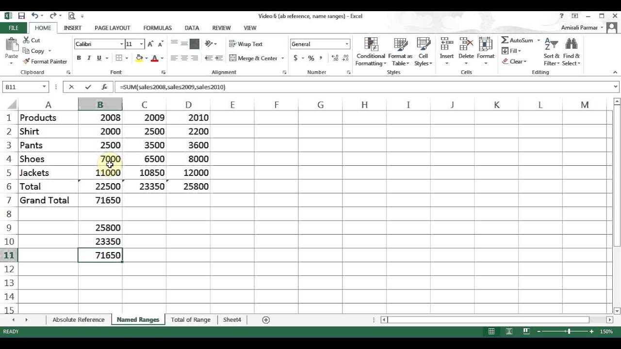 Microsoft Excel 2013 pt 6 (Absolute Reference, Named Ranges, Copy/paste ...