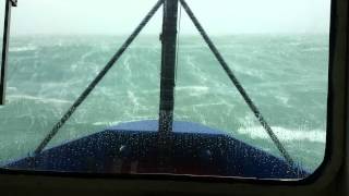Those bigger lumps of sea you see are around 15-17 meters. 85+ knot wind (approx 100mph). Ship is 62 meters long and 1500 tonnes.

This video is being managed by Newsflare. To use this video for broad