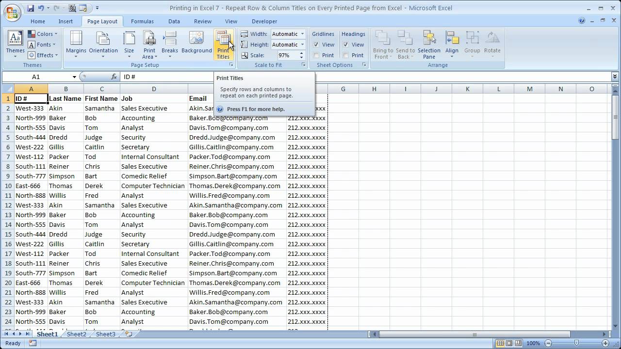 Printing in Excel 7 - Repeat Row & Column Titles on Every Printed Page ...