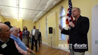U.S. Sen. Lindsey Graham speaks to the Beaufort Regional Chamber of Commerce and the Military Enhancement Committee on Friday, March 14 at The Arsenal in Beaufort. Graham gave a "Washington update" with information related to the military and other issues.