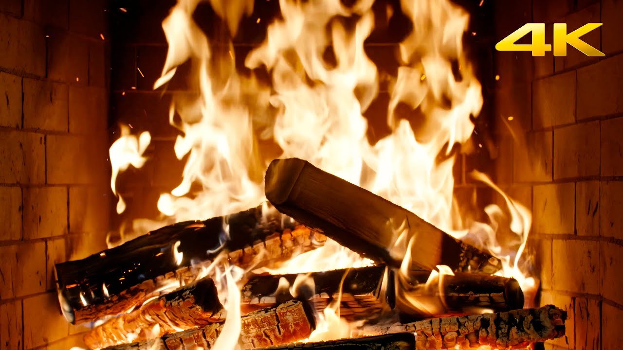 🔥 WINTER Night FIREPLACE with Real WOOD Fire with AUTHENTIC Crackles for SOFT Christmas BACKGROUND