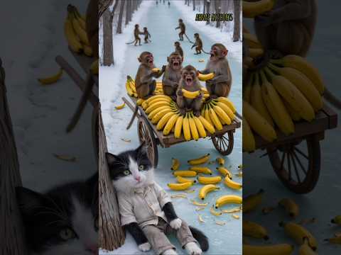 The gang of naughty monkeys ruined the poor kitten’s bananas #shorts #short