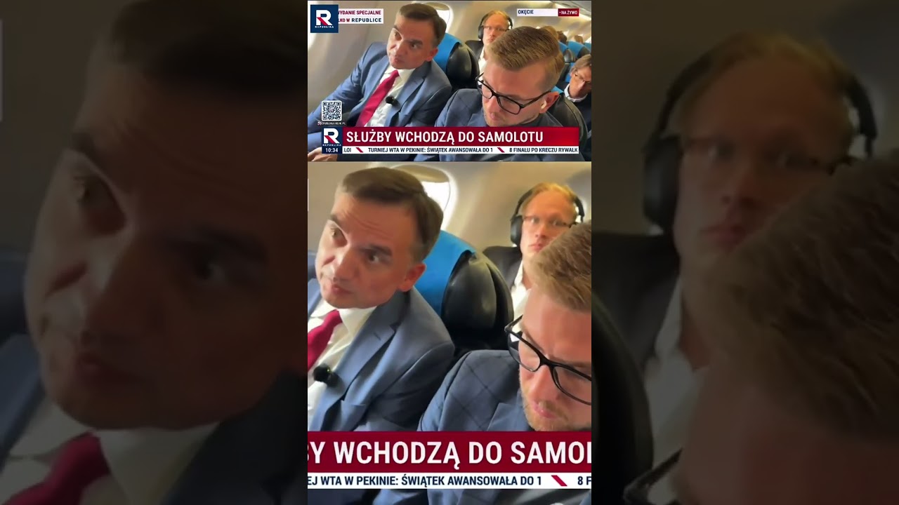 Stewardesa informuje Ziobro o służbach czekających na płycie lotniska Okęcie.